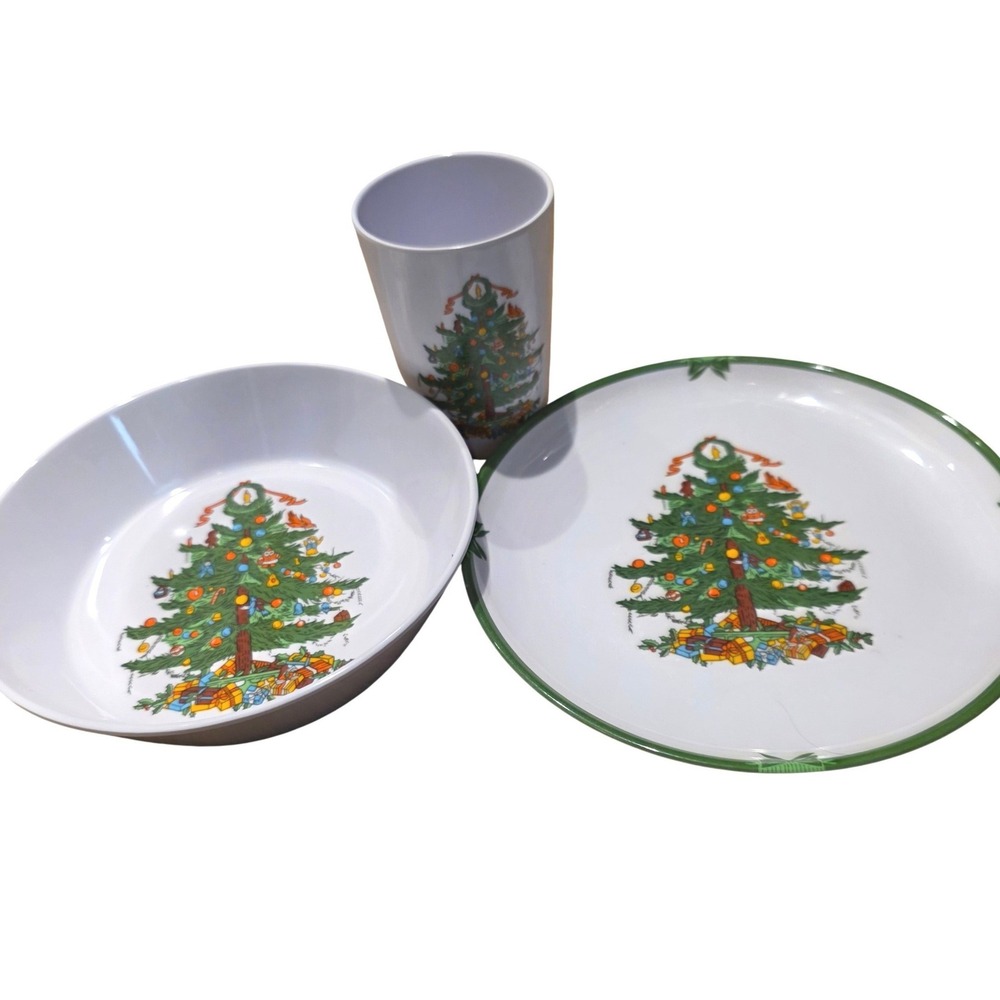 Christmas Tree 3 Pc Kids Dinner Set Dynasty Melamine Plate Bowl Tumbler Holiday